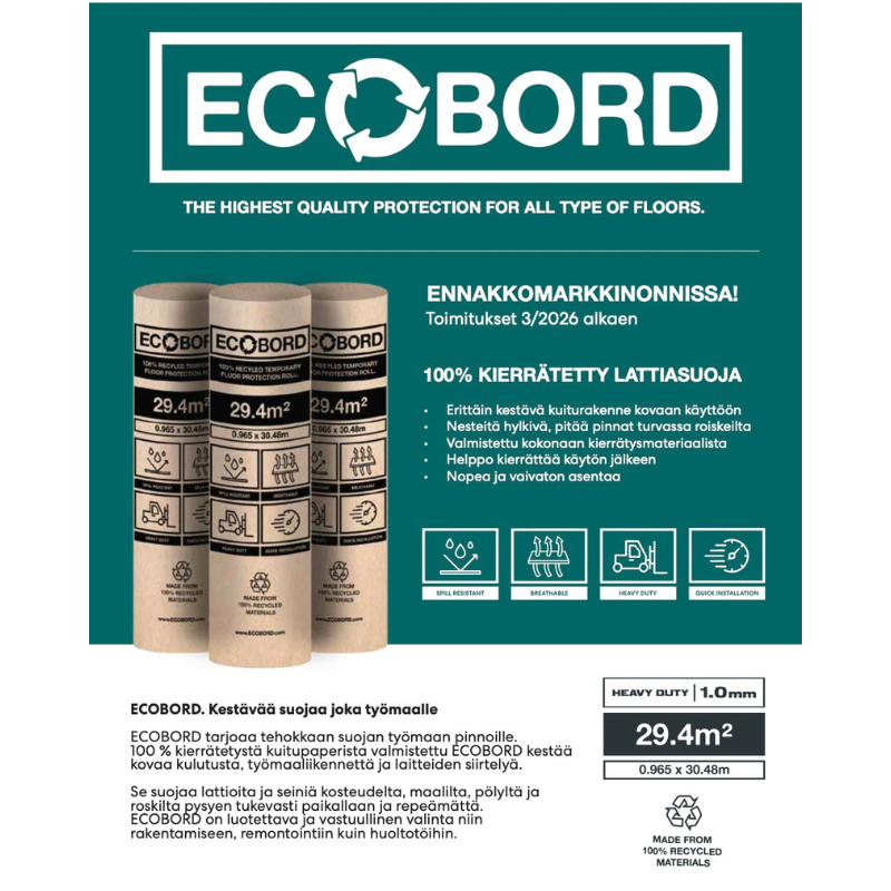 Ecobord lattiasuoja työmaille. 100 % kierrätetty, kestävä ja nestettä hylkivä suoja lattioille. Helppo asentaa ja kierrättää käytön jälkeen.
