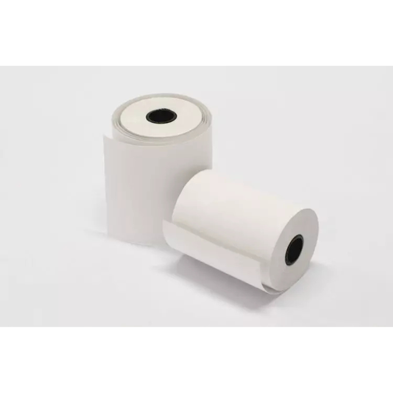 Kaksi valkoita Kassatiedon paperirullaa. Toinen pystyssä ja toinen kumollaan.