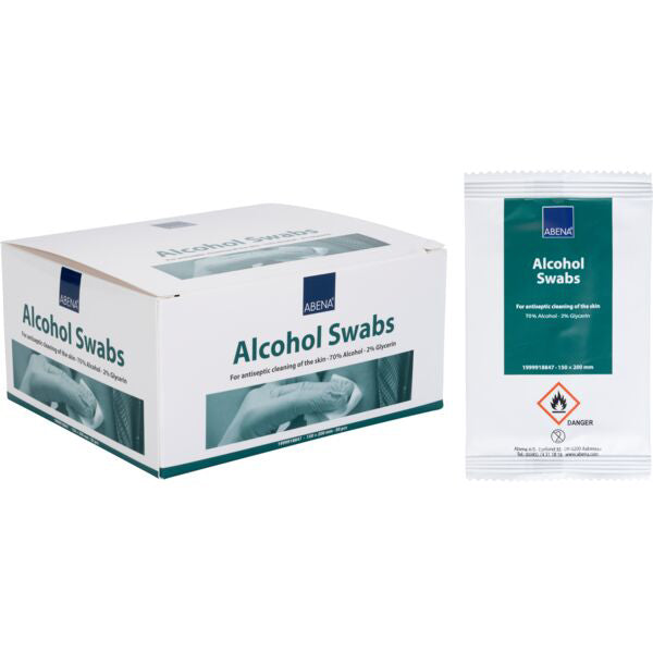 UUSI ABENA Alcohol Swabs 70% desinfektiopyyhe sis. glyseriini 20x15cm 50kplsis. 2% glyseriini, yksittäispak.