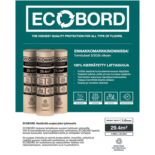 Ecobord lattiasuoja työmaille. 100 % kierrätetty, kestävä ja nestettä hylkivä suoja lattioille. Helppo asentaa ja kierrättää käytön jälkeen.