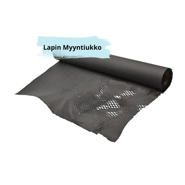 Musta hunajakennopaperi-rulla valkoisella taustalla.