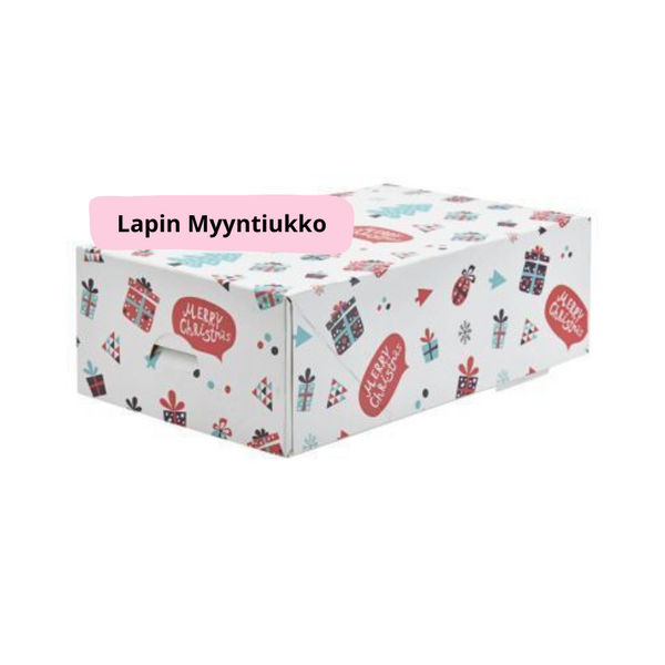 Jouluinen kakkurasia jossa valkoinen tausta ja siinä kuvia lahjoista, lumihiutaleista jne.
