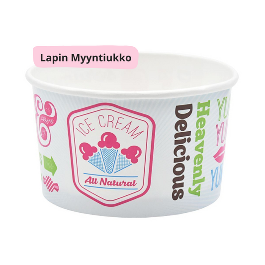 jäätelökuppi jossa jäätelön kuvioita ja eri värisiä tekstejä.