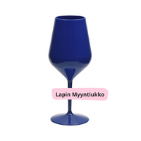 Tumman sininen viinilasi. Päällä teksti: Lapin Myyntiukko.
