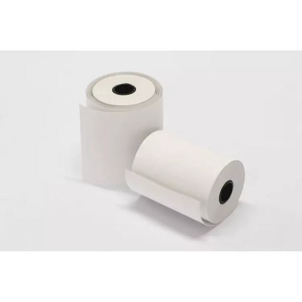 Kaksi valkoita Kassatiedon paperirullaa. Toinen pystyssä ja toinen kumollaan.