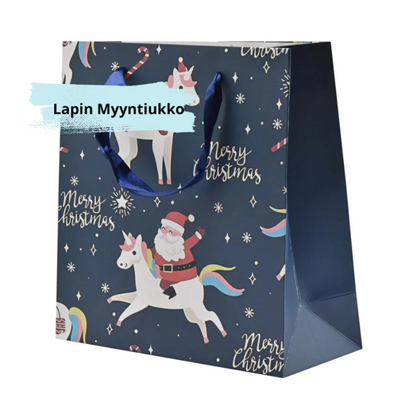 Lahjakassi Sinisellä Nauhakahvalla, Joulupukki & Yksisarvinen Design tummansinisellä taustalla.