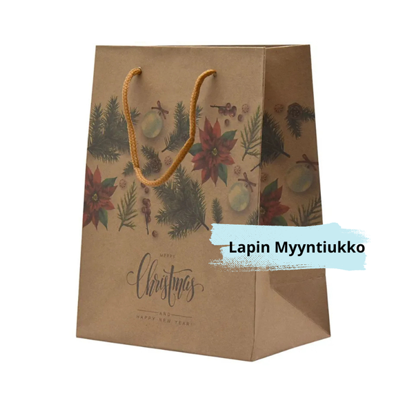 Lahjakassi ruskea, puunoksia ja Joulutähden kuva, narukahvoilla, 18+10x23cm valkoisella taustalla.