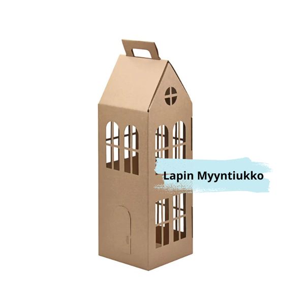 Lahjarasia, 130x130x320 mm, aaltopahvia, valkoisella taustalla.