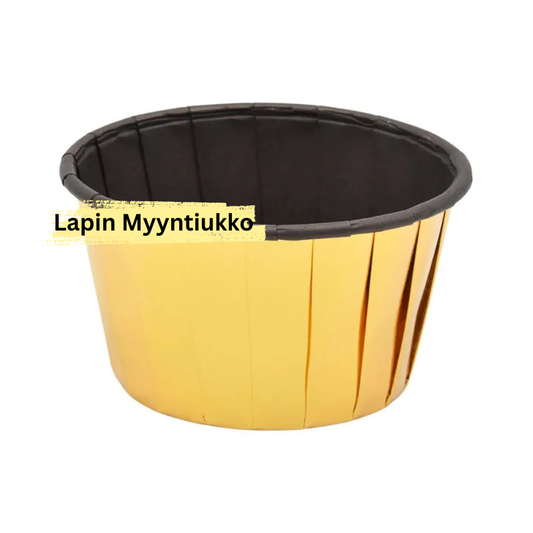 Tuplaseinäinen paperinen muffinivuoka 50×39 mm. Kulta/ruskea, rullattu reuna, 100 kpl/pkt. Leipomiseen ja tarjoiluun.