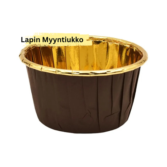 Tuplaseinäinen muffinivuoka 50×39 mm. Ruskea/kulta, rullattu reuna, 100 kpl/pkt. Leipomiseen ja tarjoiluun.