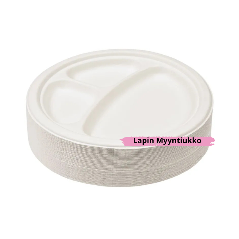 Biohajoava 3-lokerinen lautanen 23cm - 50kpl paketti sokeriruokokuidusta
