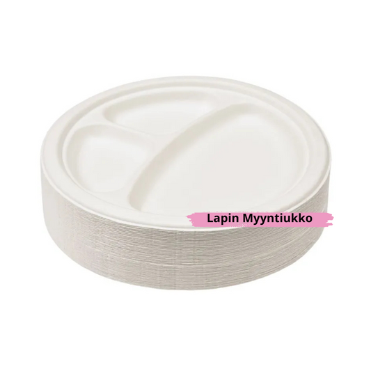 Biohajoava 3-lokerinen lautanen 23cm - 50kpl paketti sokeriruokokuidusta