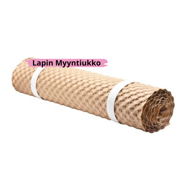 paperinen kuplapaperirulla, joka kiinnitetty kahdella kiinnikkeellä rullaksi. Päällä teksti Lapin Myyntiukko