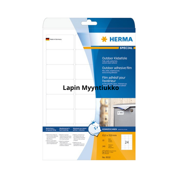 Herma Säänkestävä Tarra 240kpl - Extra Strong 63,5x33,9 valkisella taustalla.