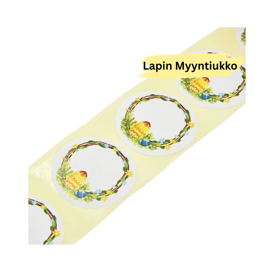 Paperinen pääsiäistarra valkoisella pohjalla, seppele ja muna. Halkaisija 57 mm. Sopii pakkausten sulkemiseen ja koristeluun. 50 kpl/rulla.