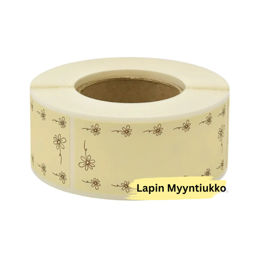 Beige kukkapainettu tarraetiketti 30×74 mm. Suorakulmainen etiketti pakkausten sulkemiseen. 250 kpl rullassa.