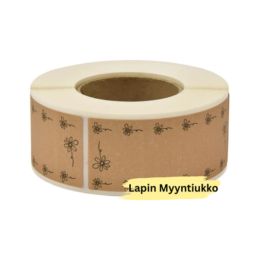 Ruskea kukkapainettu paperietiketti pakkausten sulkemiseen ja merkitsemiseen. Koko 30×74 mm. Myyntipakkaus 250 kpl/rulla.