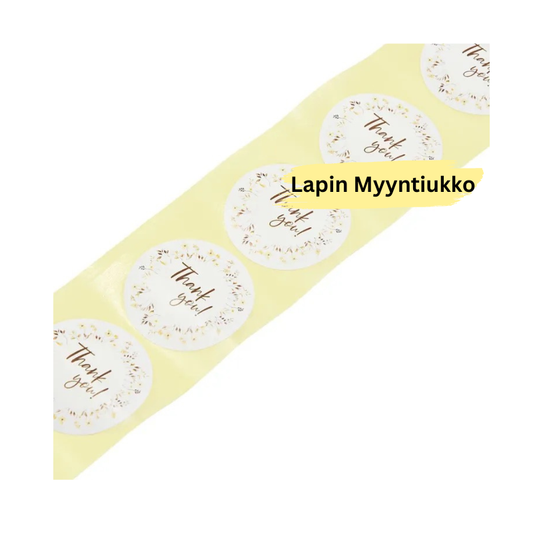 Paperiset Thank You -tarraetiketit Ø47 mm. Valkoinen kesäsekoitus, 2 mallia rullassa. Soveltuu pakkausten sulkemiseen ja merkitsemiseen. 50 kpl/rulla.