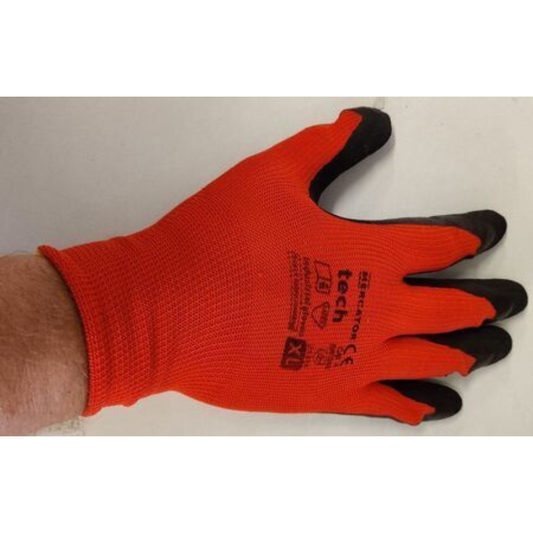 Työkäsine L punainen polyester, latex pinnoite 12kpl./pussi. Hanska miehen kädessä.