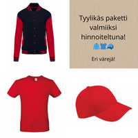 Kuvassa takki, t-paita ja lippis ja siinä kerrotaan myös että setti valmiiksi hinnoiteltuna.
