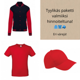 Kuvassa takki, t-paita ja lippis ja siinä kerrotaan myös että setti valmiiksi hinnoiteltuna.