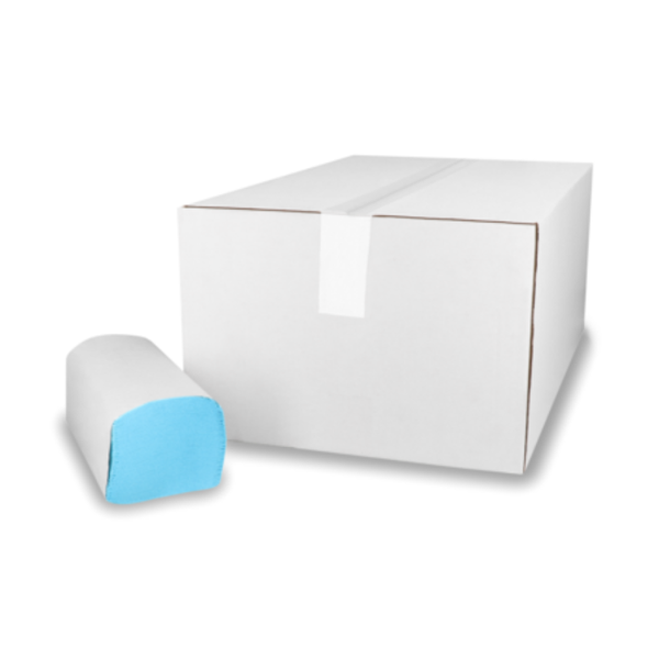 V- taite käsipyyhe, 2-kert, 3200ark, sininen. valkoisella taustalla laatikko ja paketti.