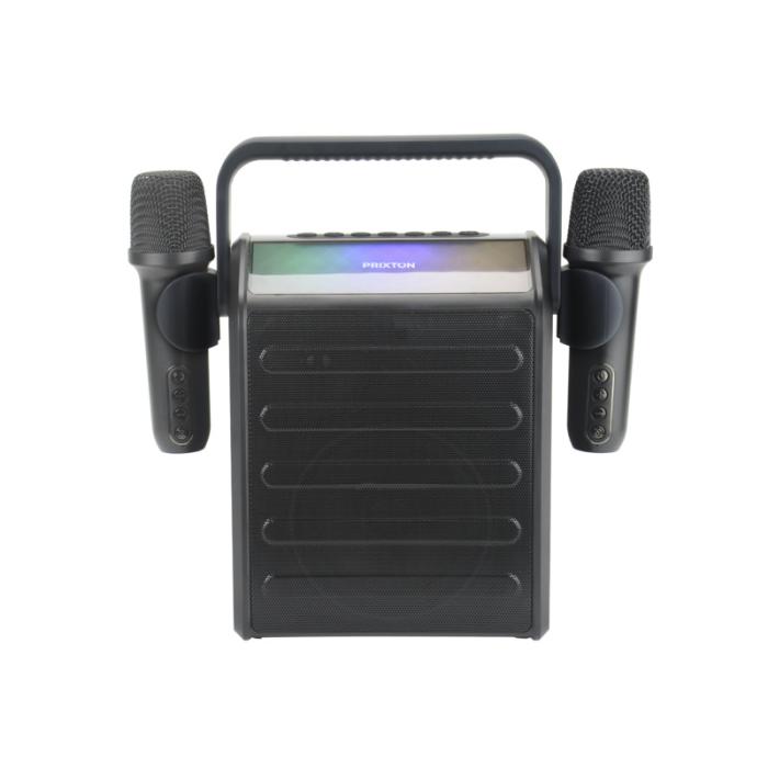 Järjestä omat karaokeillat! Prixton Party Star sisältää 2 langatonta mikrofonia, Bluetooth-yhteyden, LED-valot ja tehokkaan kaiuttimen. Sopii kotiin, mökille ja juhliin.