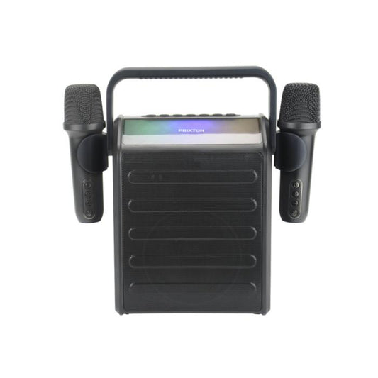 Järjestä omat karaokeillat! Prixton Party Star sisältää 2 langatonta mikrofonia, Bluetooth-yhteyden, LED-valot ja tehokkaan kaiuttimen. Sopii kotiin, mökille ja juhliin.